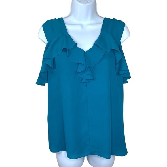 Express Teal Blue Ruffle Blouse V Neck Flowy Sleeveless Small Womens Top - Picture 1 of 7